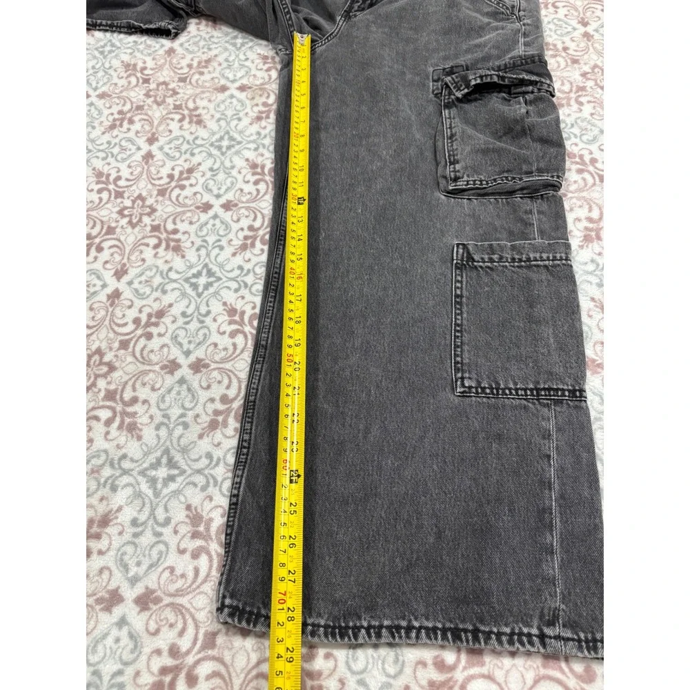 Old Navy Drapey Denim Baggy Wide Leg Cargo Jeans Washed Black Gray Size 12 Cotto